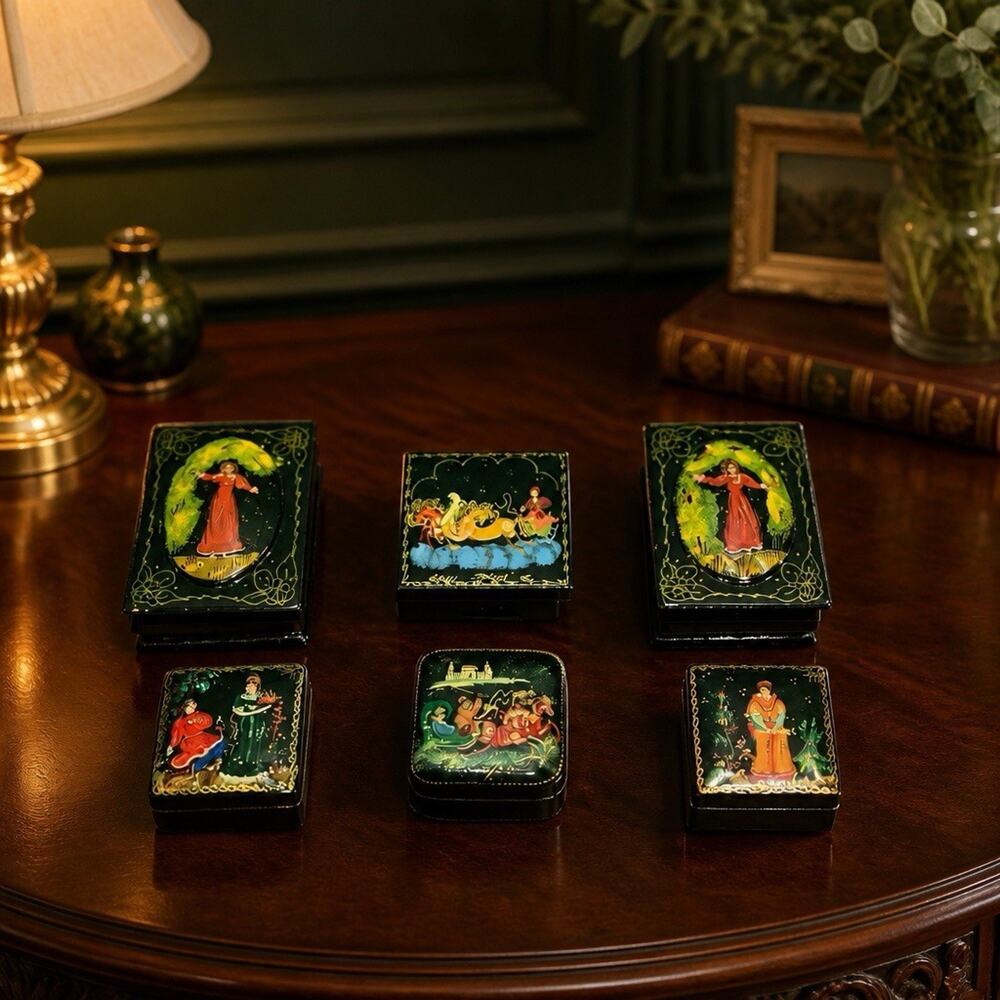 Vintage Russian Lacquer Boxes - Set of 6